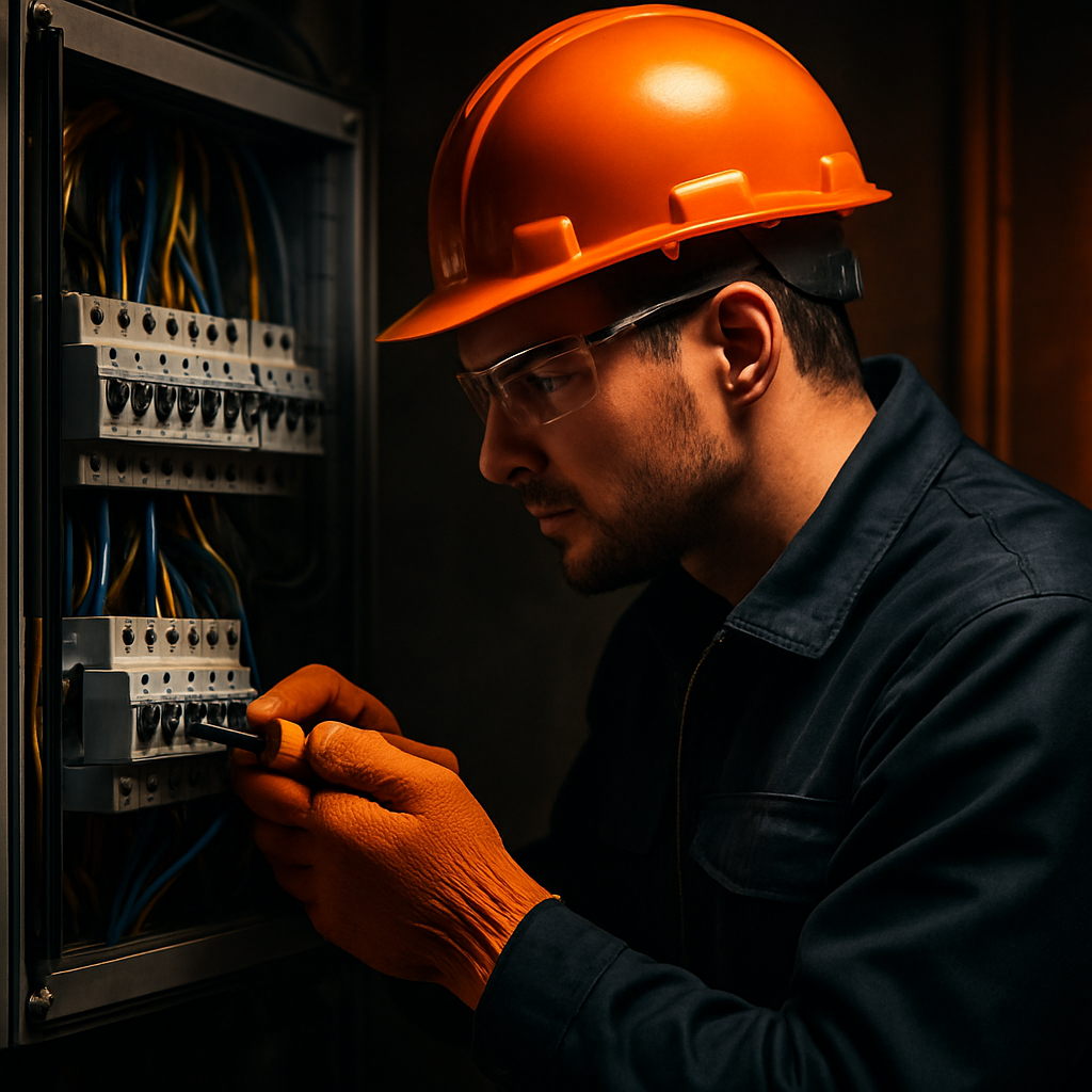 Eletricista da ETJ Elétrico trabalhando em um quadro elétrico com equipamentos de segurança